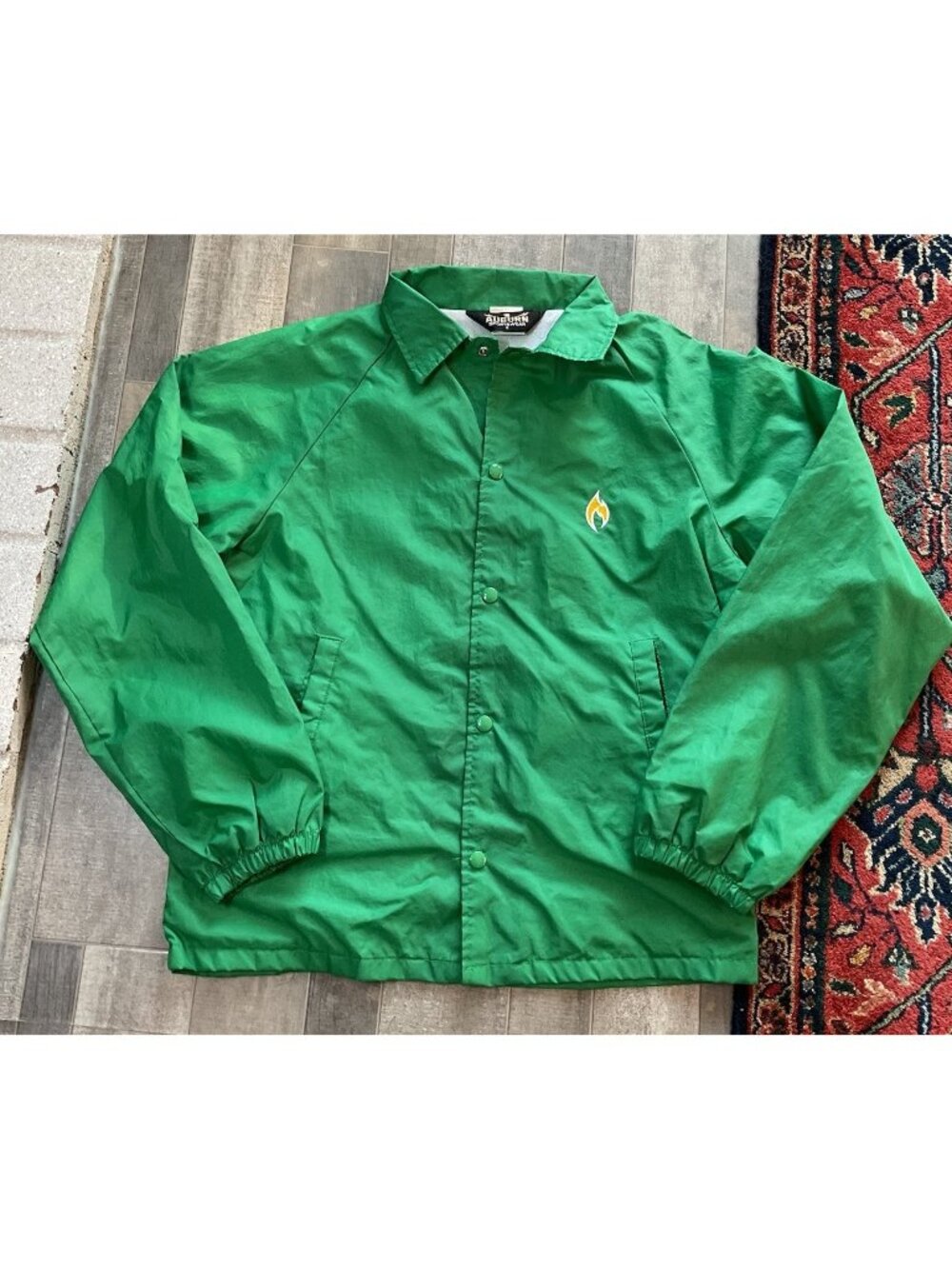 Vintage 1980s Green Satin Trucker Flame Logo Jacket Green Yellow Auburn Sports S